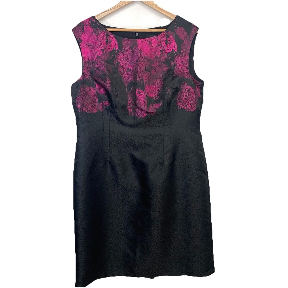 Tahari Alisa Dress Black Fushia Metallic Shift 16 Knee Length Holiday Career New